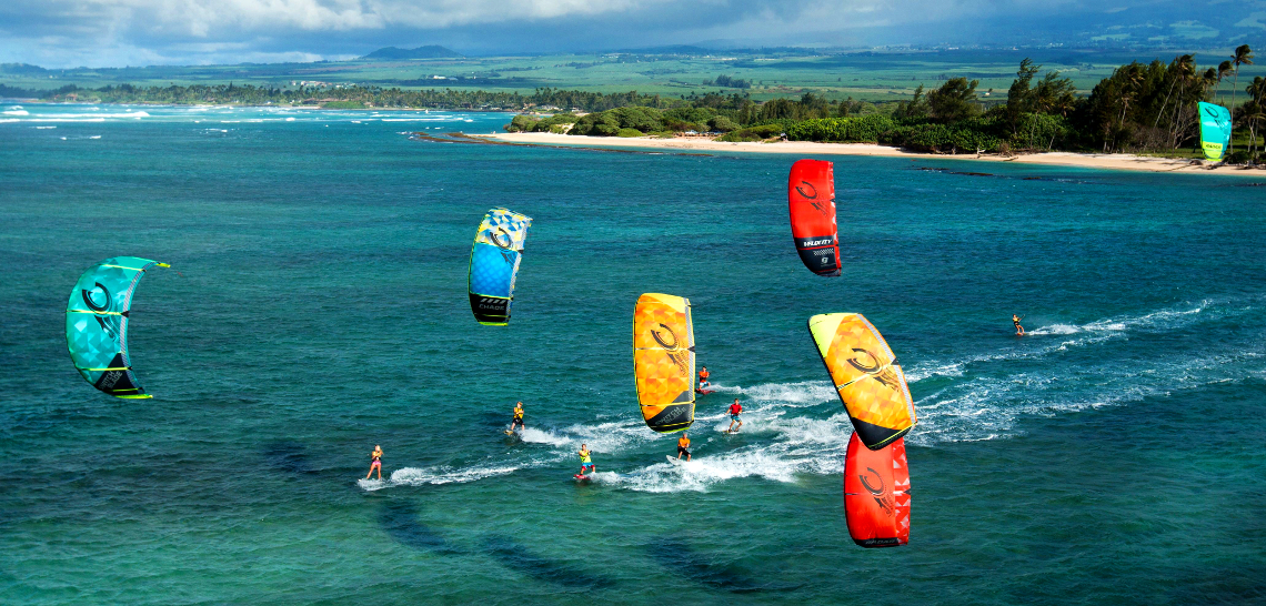 The 2015 Cabrinha Kites teamriders kitesurfing off the coast of Hawaii.