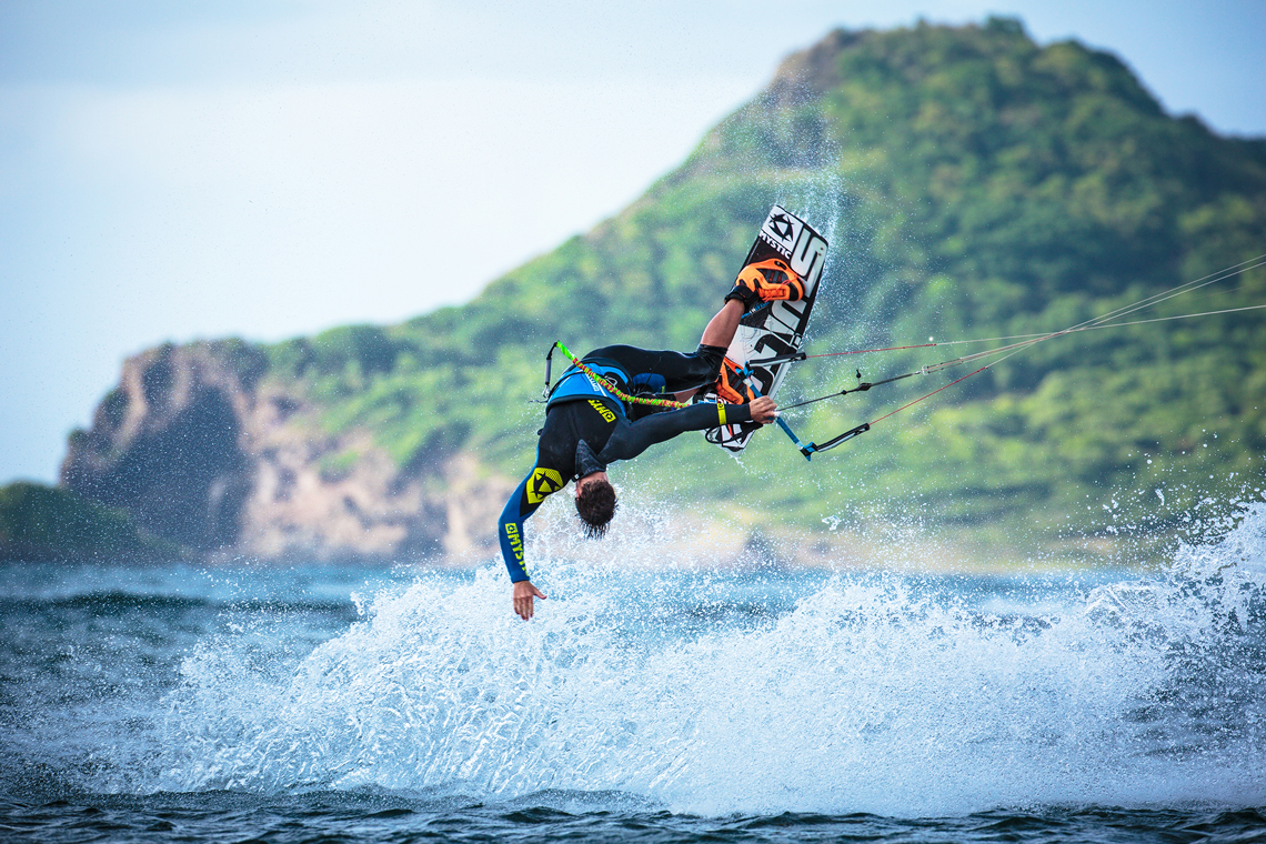 Kiteboarder Marc Jacobs showing off an incredible low mobe