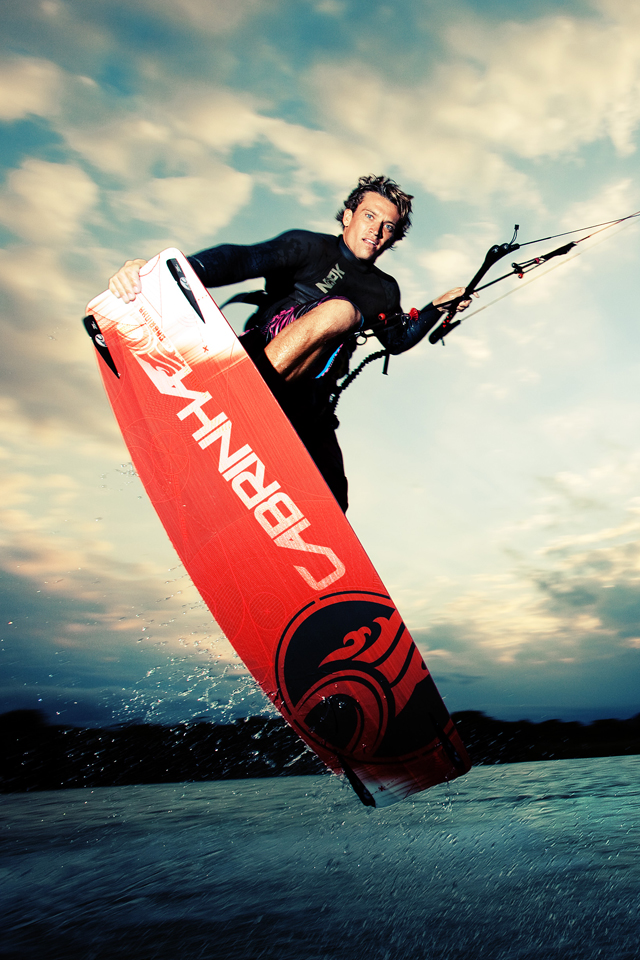 kitesurf wallpaper image - Damien LeRoy with a tailgrab at dusk on his Cabrinha kites gear - in resolution: iPhone 640 X 960