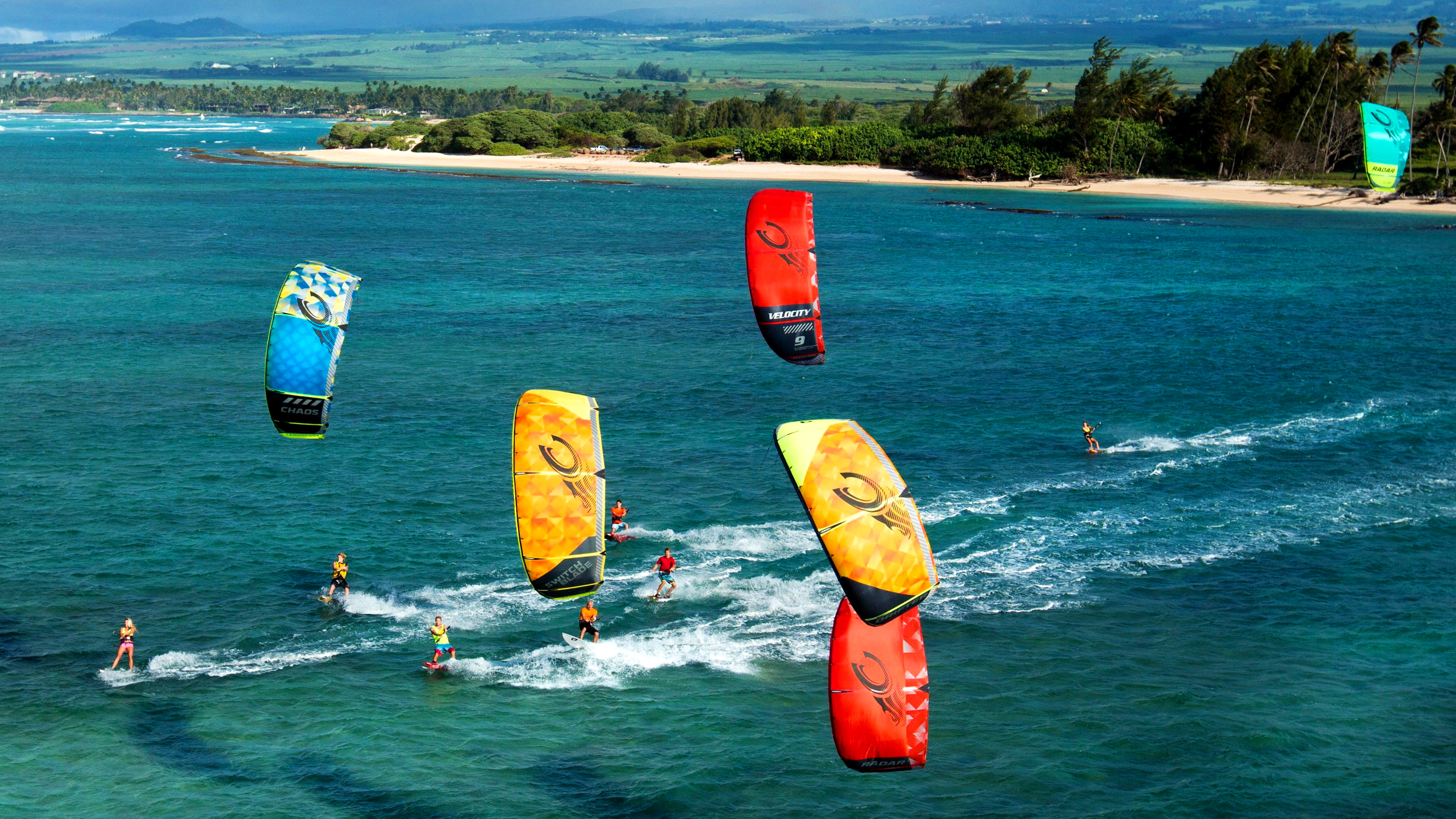 kitesurf wallpaper image - The 2015 Cabrinha Kites teamriders kitesurfing off the coast of Hawaii. - in resolution: High Definition - HD 16:9 2400 X 1350