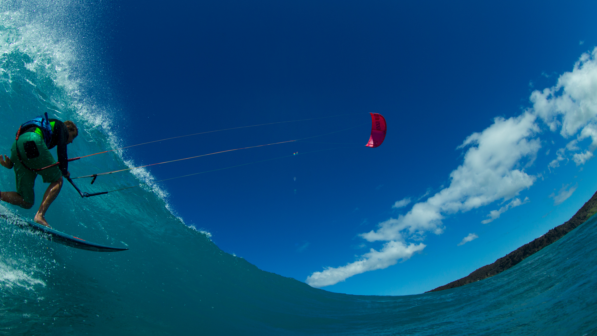 kitesurf wallpaper image - A kiteboarder - Patri Mclaughlin - with the North Kiteboarding 2016 Neo kite riding a wave. - in resolution: High Definition - HD 16:9 1920 X 1080