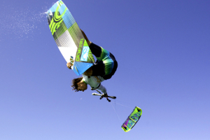 The Cabrinha Chaos kite in action - board grab kitesurfing